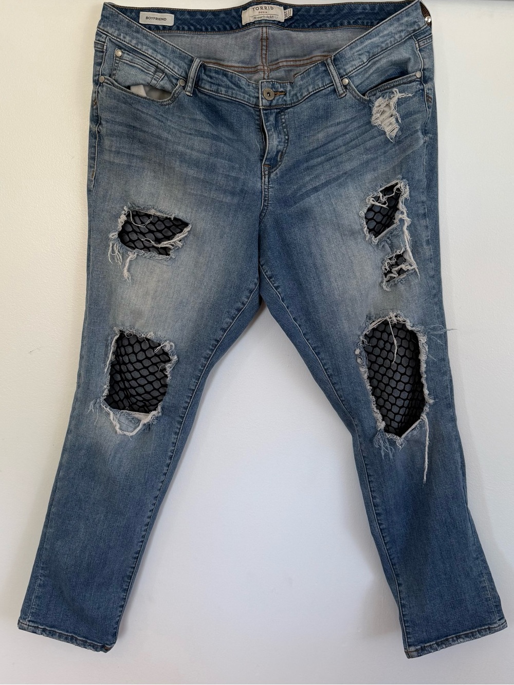 torrid Distressed Boyfriend Jeans with Black Mesh Insets - Blue Wash